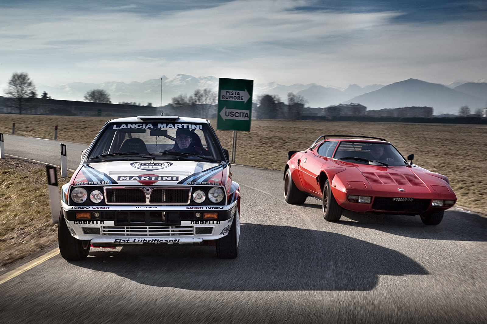 Lancia Rally cars on the road near Turin Italy